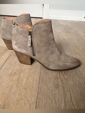 Frye Taupe Suede Side Zip Block Heel Ankle Boots